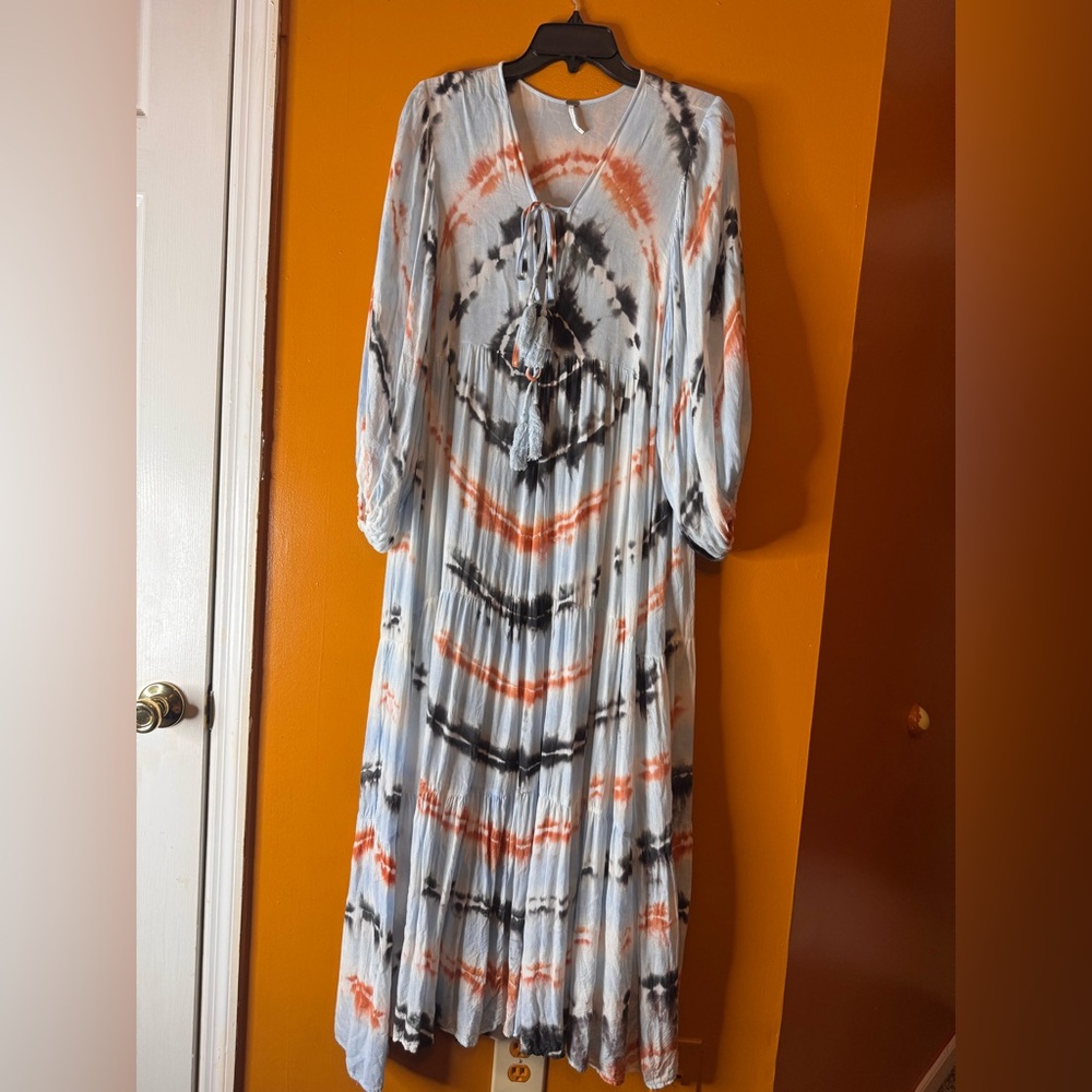 Young Fabulous & Broke Dawn Balloon Sleeve Tie Dye Dress Tangerine Radial. M - Picture 10 of 12